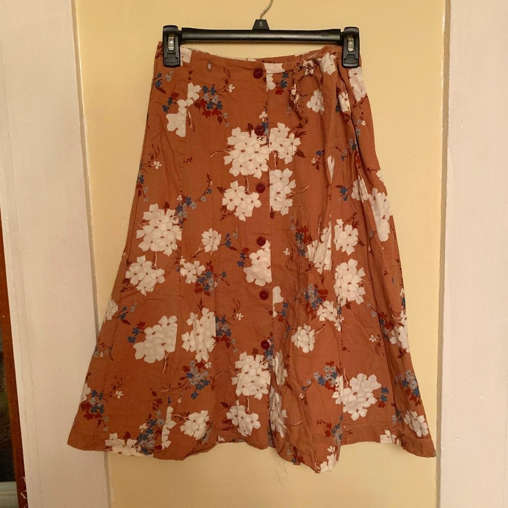 Long Light Brown Flowy Skirt with Foral Pattern